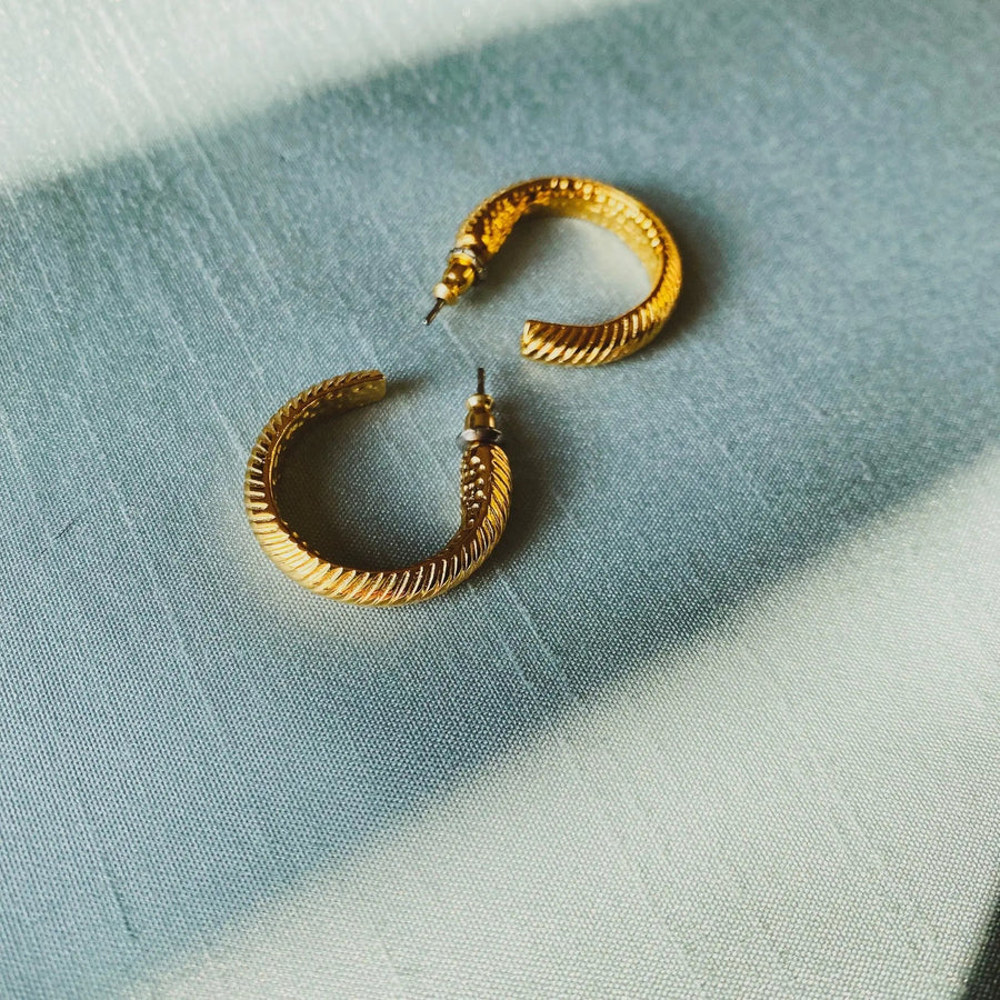 1980s Earrings, Vintage Hoops for Pierced Ears - 18 Carat Gold Plated Vintage Deadstock Earrings Jagged Metal 