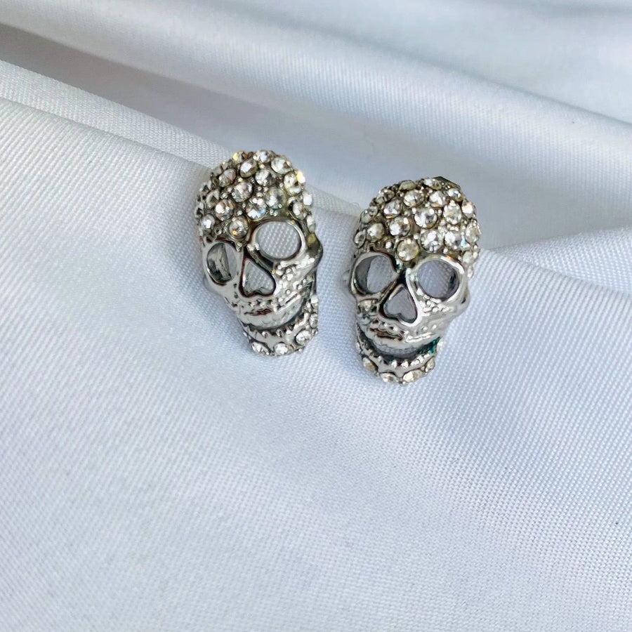 Butler & Wilson Skull Stud Earrings - Silver Plated Crystal Earrings Jagged Metal 