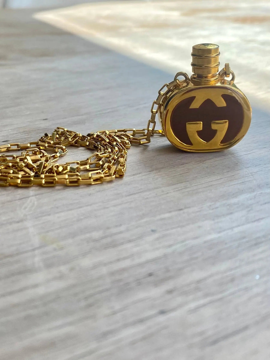 Gucci vintage 1970s perfume bottle necklace Jewelry Jagged Metal 