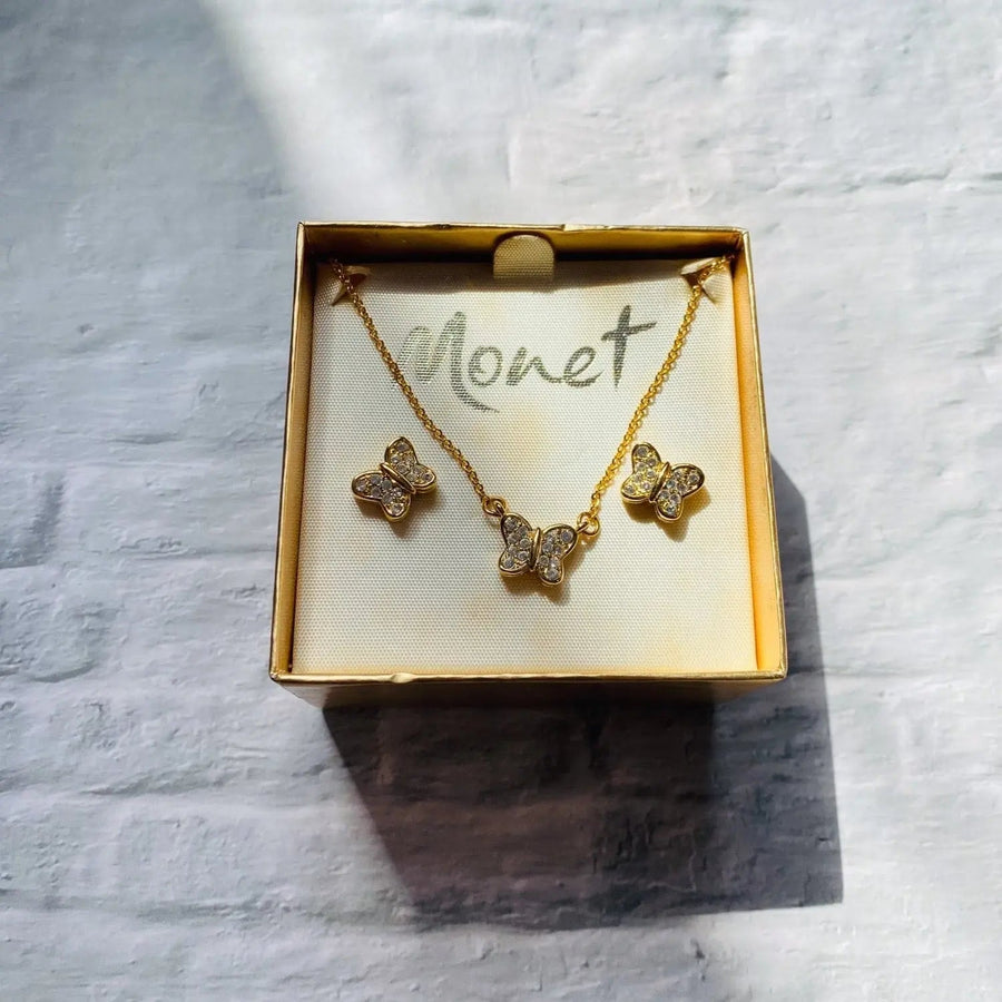 Monet Vintage 1980s Necklace & Earrings Set Jewelry Sets Jagged Metal 