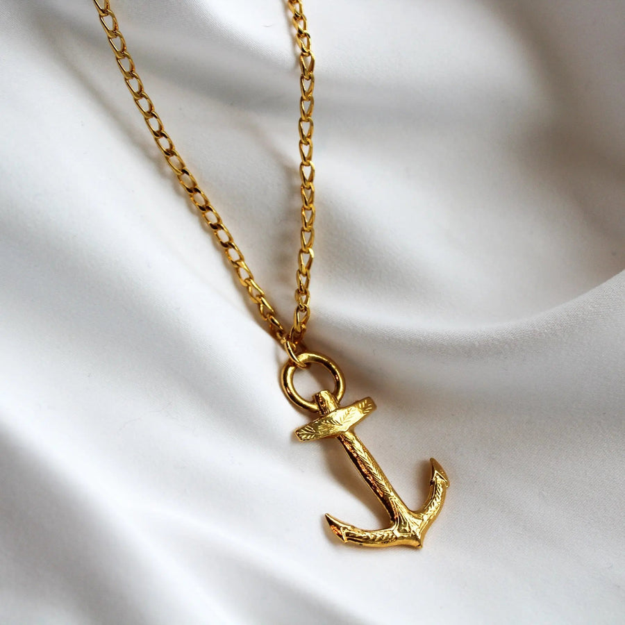 Vintage 1980s Anchor Necklace - 18 Carat Gold Plated Deadstock Necklace Jagged Metal 