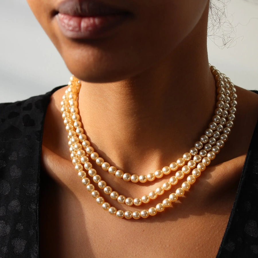 Vintage 1980s Faux Pearl Multistrand Necklace - Vintage Deadstock Necklace Jagged Metal 