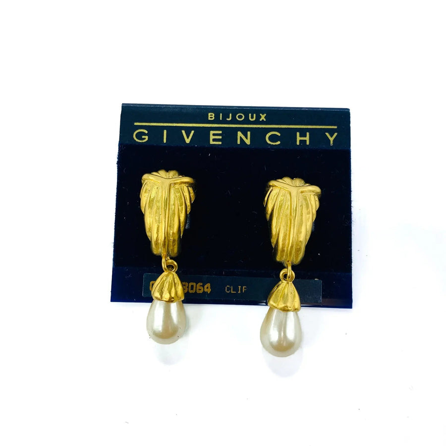 Vintage Givenchy Earrings 1980s Faux Pearl Drops Earrings Jagged Metal 