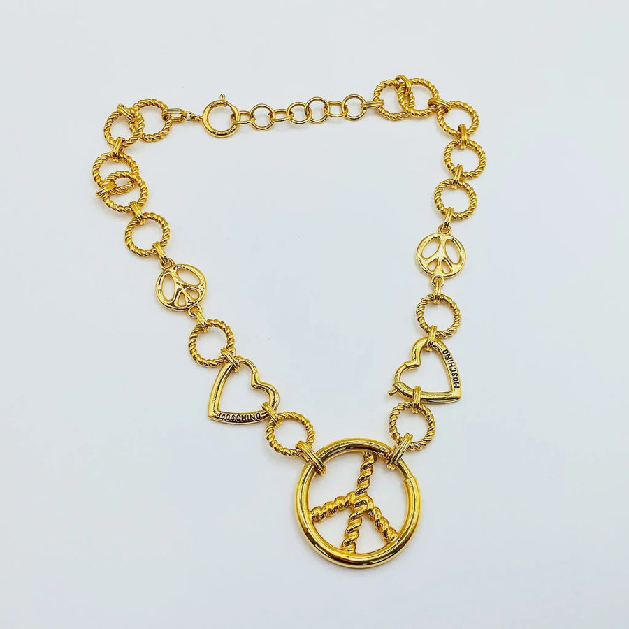 Vintage Moschino Necklace 1990s Love & Peace Necklace Jagged Metal 