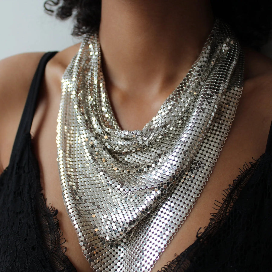 Vintage Whiting & Davis Scarf Necklace 1970s - Silver Plated Necklaces Jagged Metal 